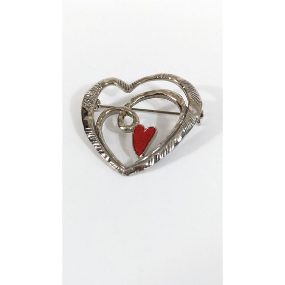 Heart Shaped Silver Toned Red Enamel  Multi Heart Brooch Pin - Love Valentine's - Picture 3 of 9